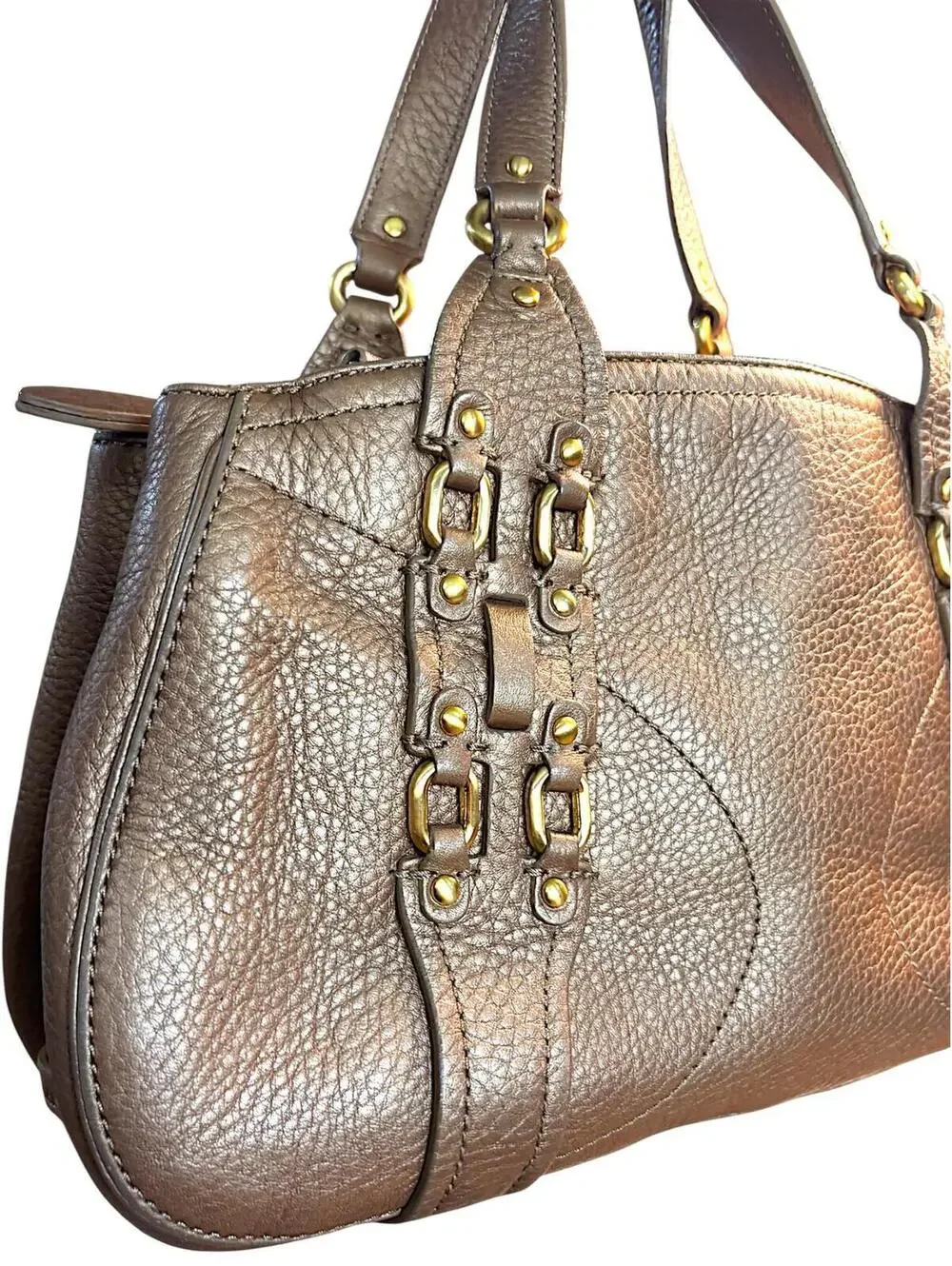 Cole Haan Metallic Bronze Leather Handbag with Gold Tone Hardware